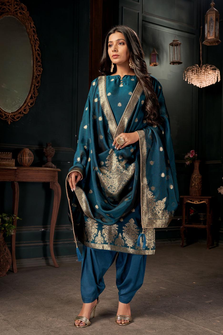 Teal Woven Straight Cut Palazzo Suit - Indiakreations