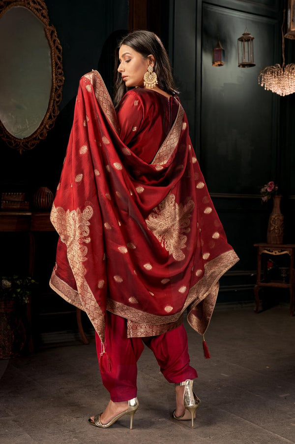Designer Viscos Zari Woven Plazzo Suit In Red - Indiakreations