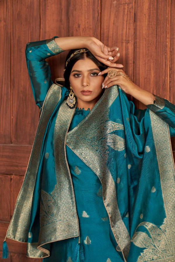 Beautifu Woven Viscos Salwar Suit In Teal - Indiakreations