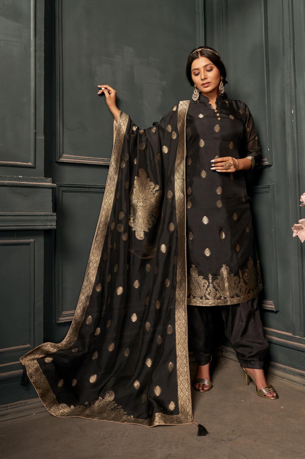 Black Woven Straight Cut Salwar Suit - Indiakreations