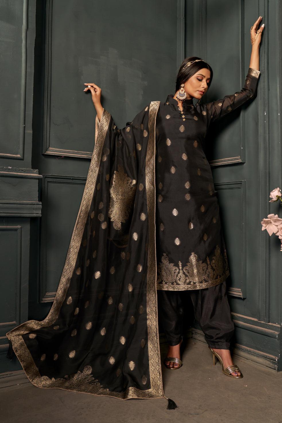 Black Woven Straight Cut Salwar Suit - Indiakreations