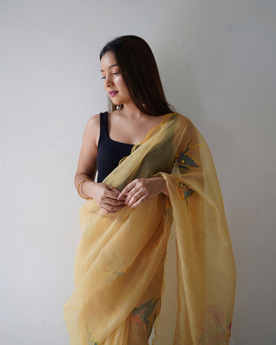 Stylish Organza Saree With Floral Printed In Yellow - Indiakreations