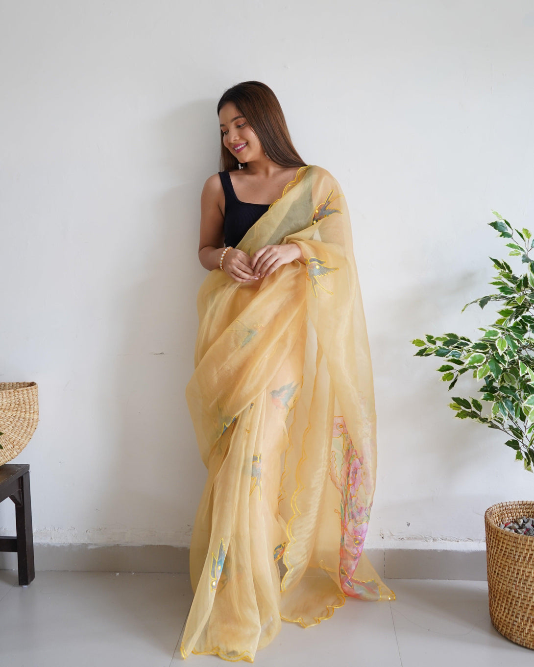 Stylish Organza Saree With Floral Printed In Yellow - Indiakreations
