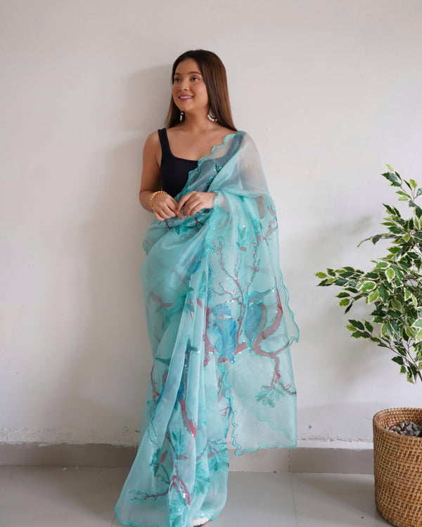 Latest Bollywood Style Organza Saree In Sky Blue - Indiakreations