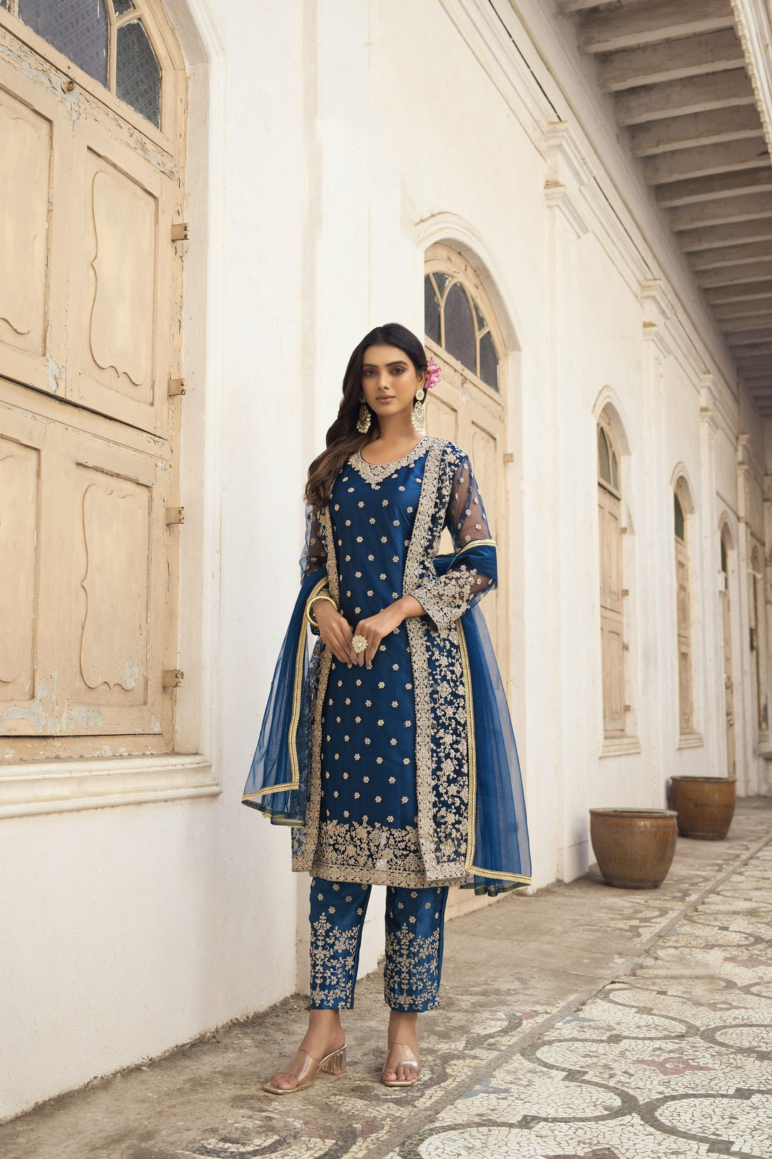 Butterfly Net Fabric Embroidered Straight Fit Womens Salwar Suit In Blue - Indiakreations