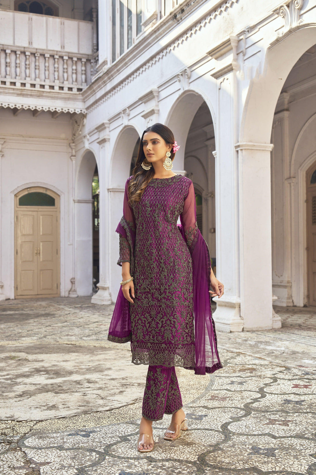 Stylish Purple Butterfly Net Heavy Embroidered Salwar Suit - Indiakreations