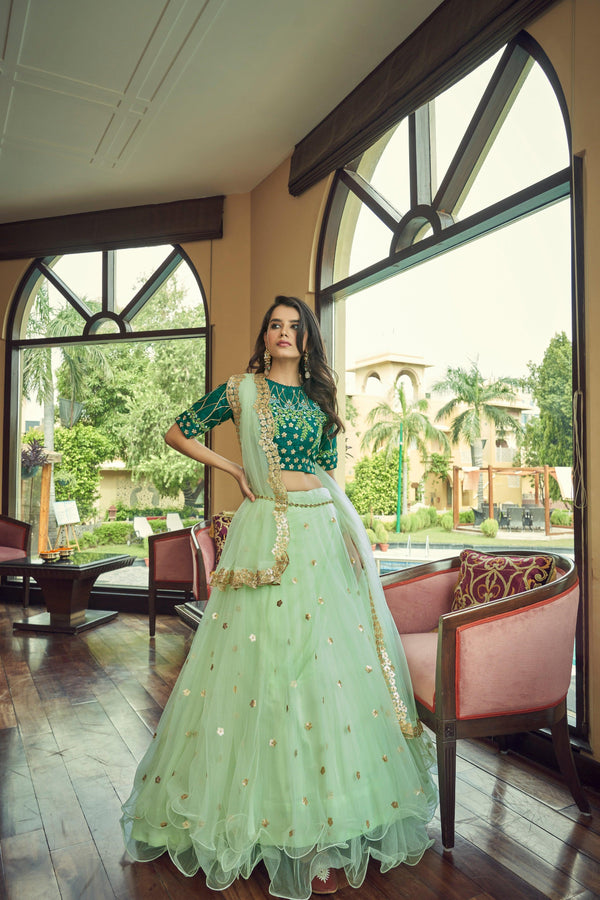 Net Sequins Green Designer Lehenga Choli - Indiakreations