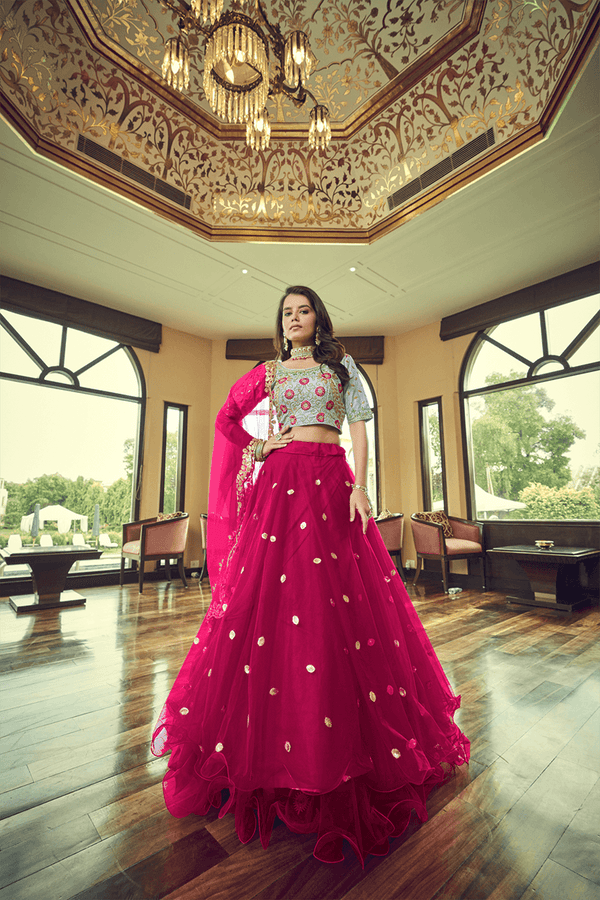 Beautiful Net Sequins Dark Pink Designer Lehenga Choli - Indiakreations