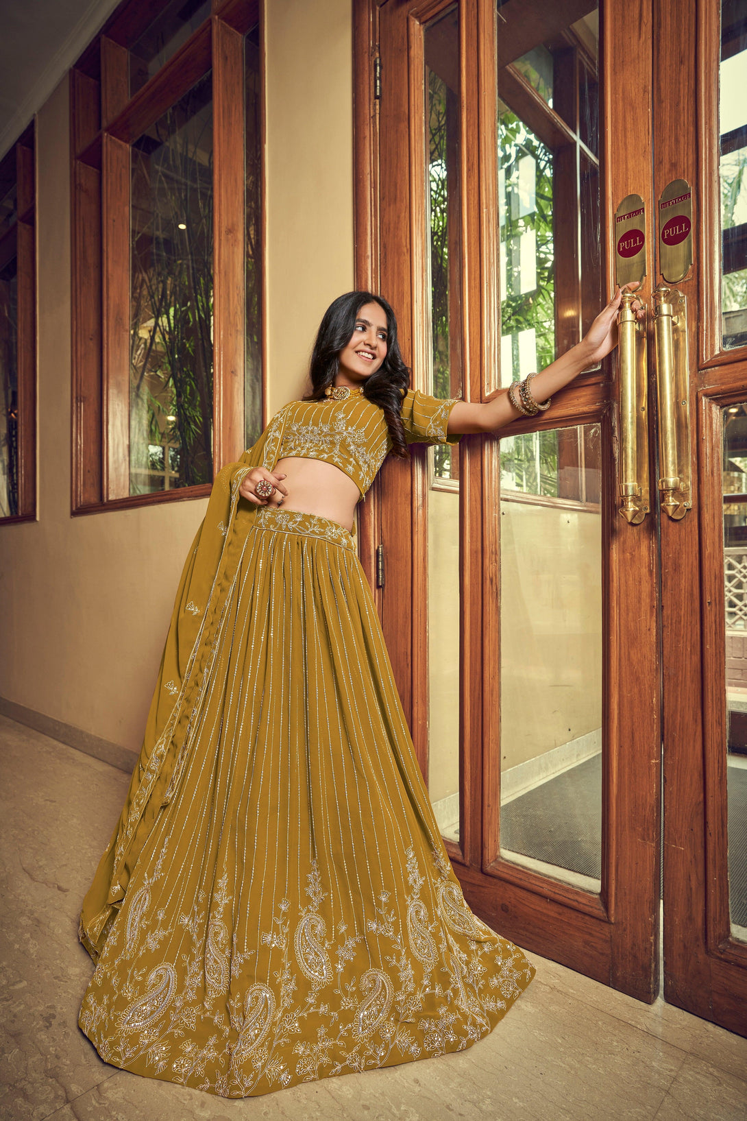 Mustard Reception Wear Embroidered Design Faux Georgette Lehenga Choli - Indiakreations