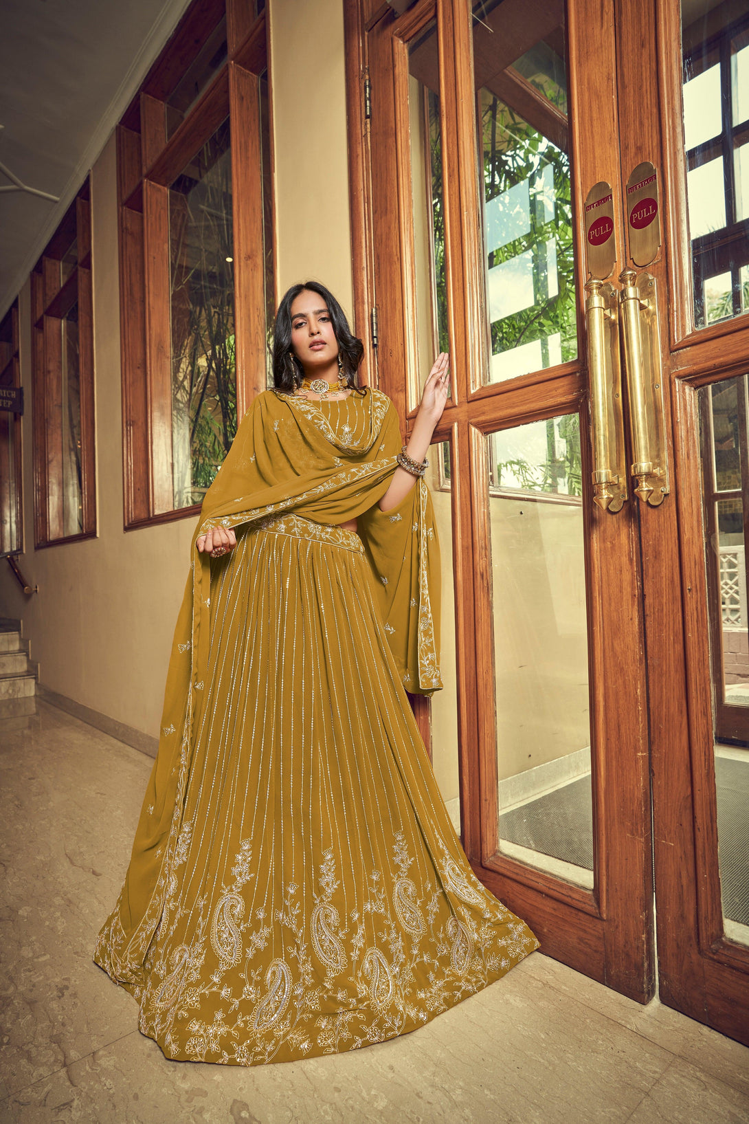 Mustard Reception Wear Embroidered Design Faux Georgette Lehenga Choli - Indiakreations