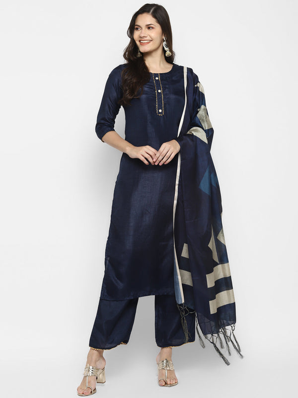 Women's Navy Blue Color Silk Blend Straight Kurta Palazzo With Dupatta - VAABA