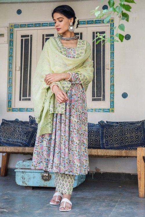 Pista Green Anarkali Set - Indiakreations