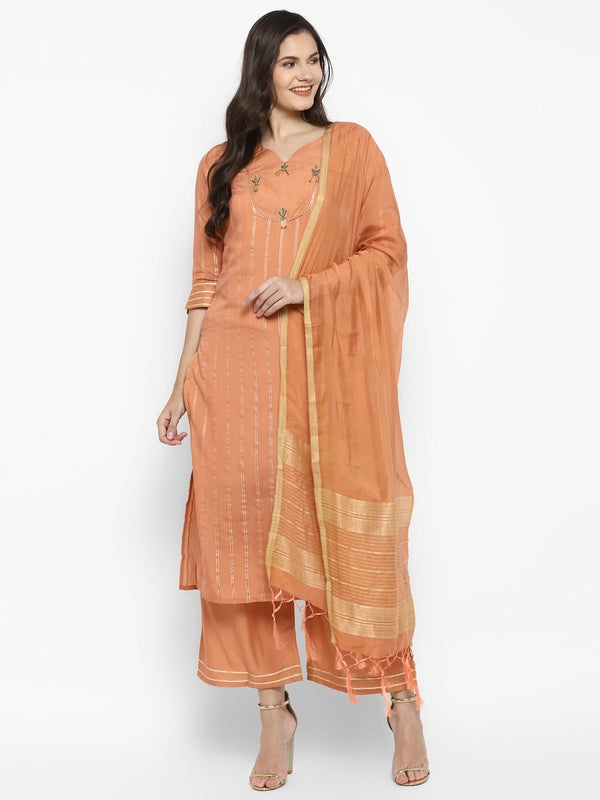 Women's Peach Color Chanderi Silk Embroidered Straight Kurta Palazzo With Dupatta - VAABA