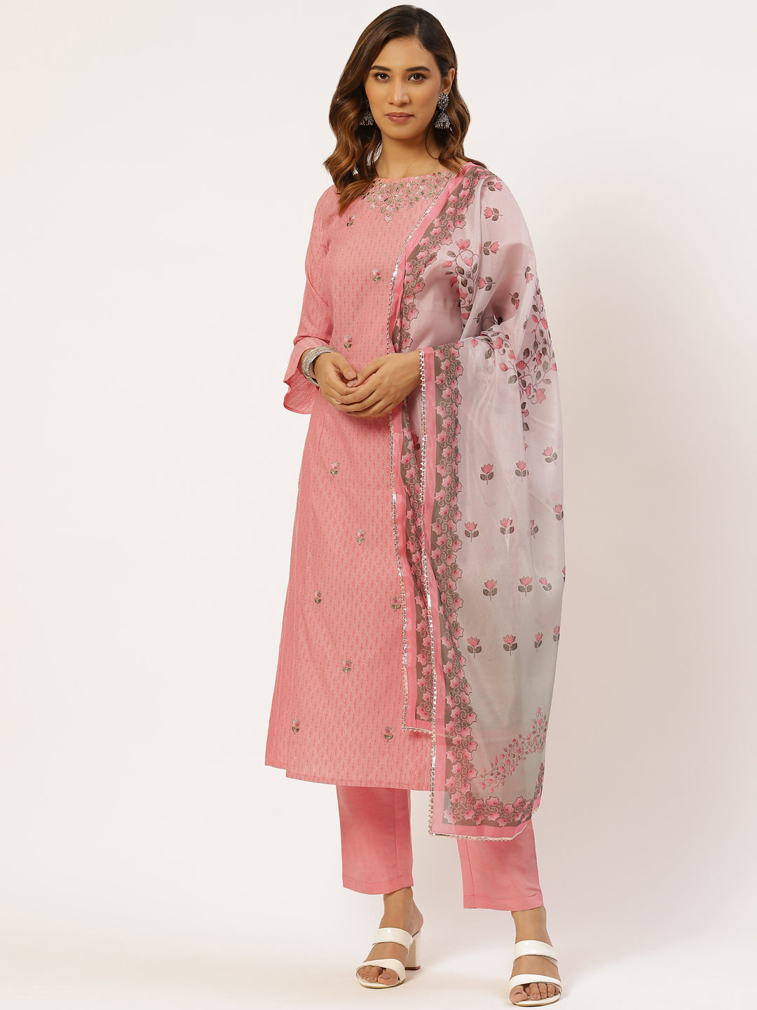 Women's Peach Chanderi Straight Embroidered Thread Work Kurta Pant With Dupatta - Vaaba