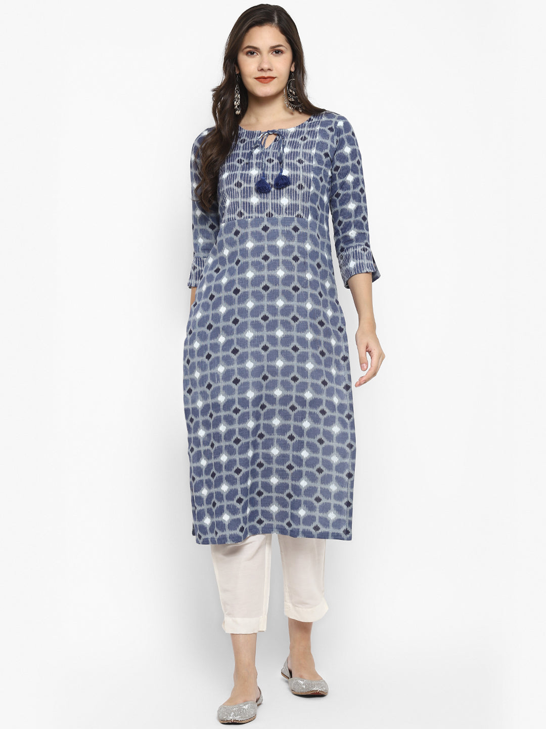 Women's Denim Color Cotton Blend Straight Printed Kurta - Vaaba