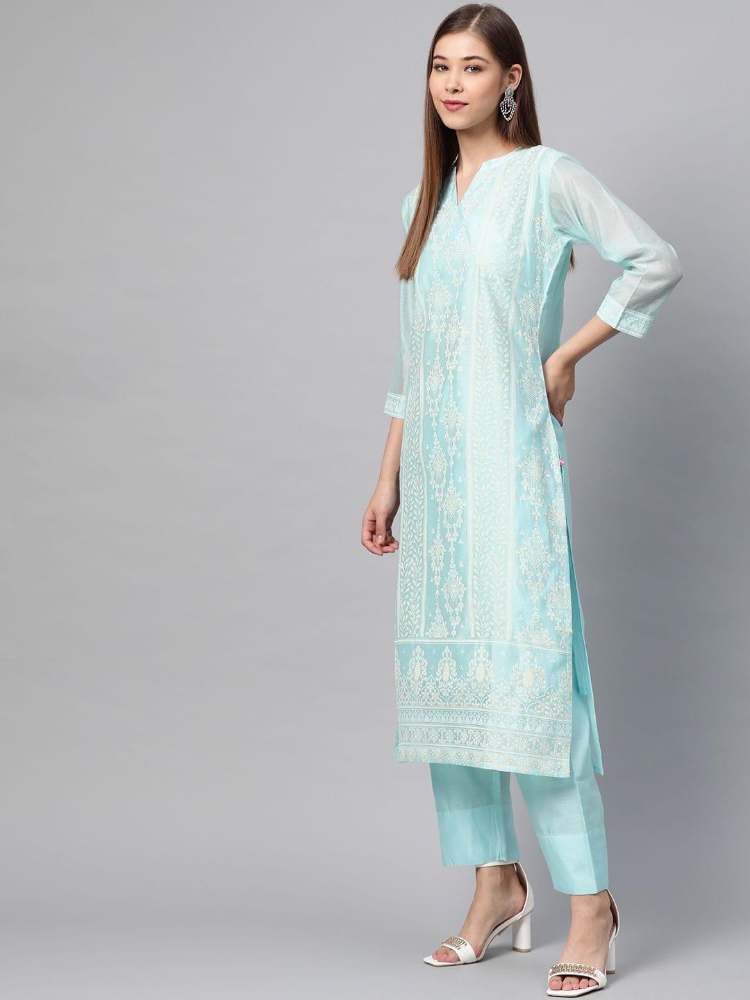 Women Blue & White Printed Kurta With Trousers - Indiakreations