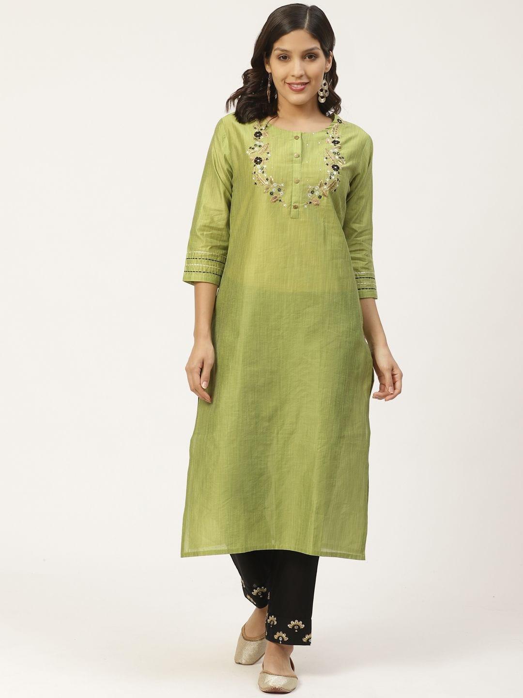 Women Green & Black Zari Yoke Design Kurta With Palazzos - Indiakreations