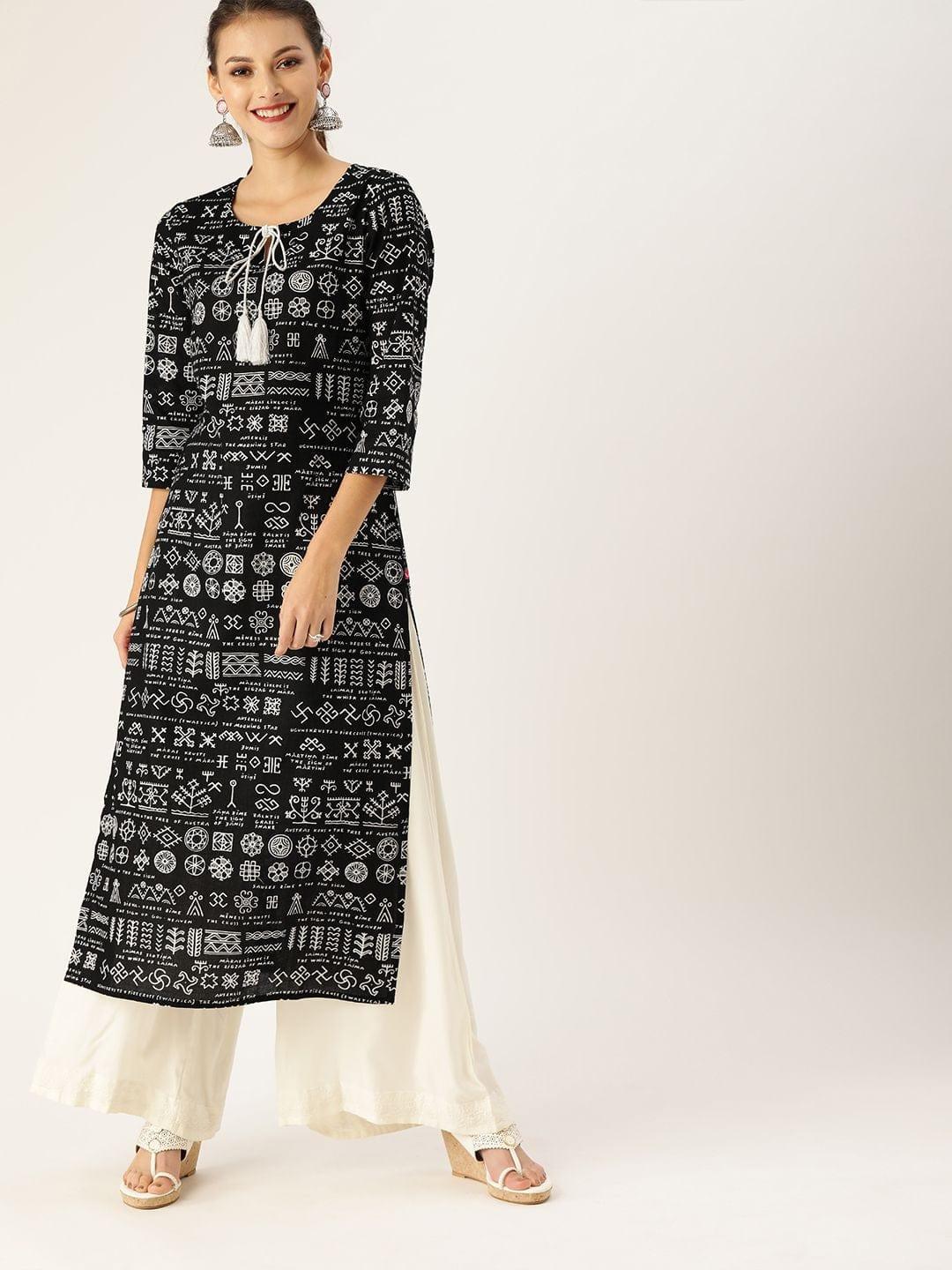 Women Black & White Printed Straight Kurta - Indiakreations