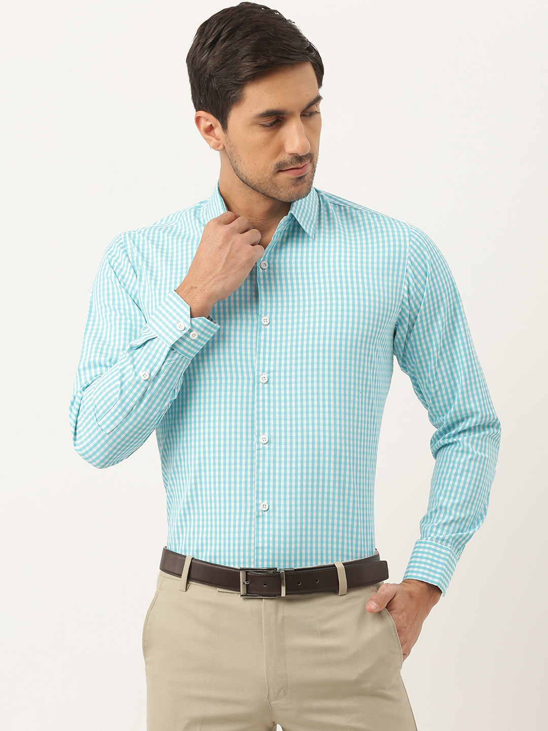 Men's Cotton Sea Green & White Checked Formal Shirt - Sojanya