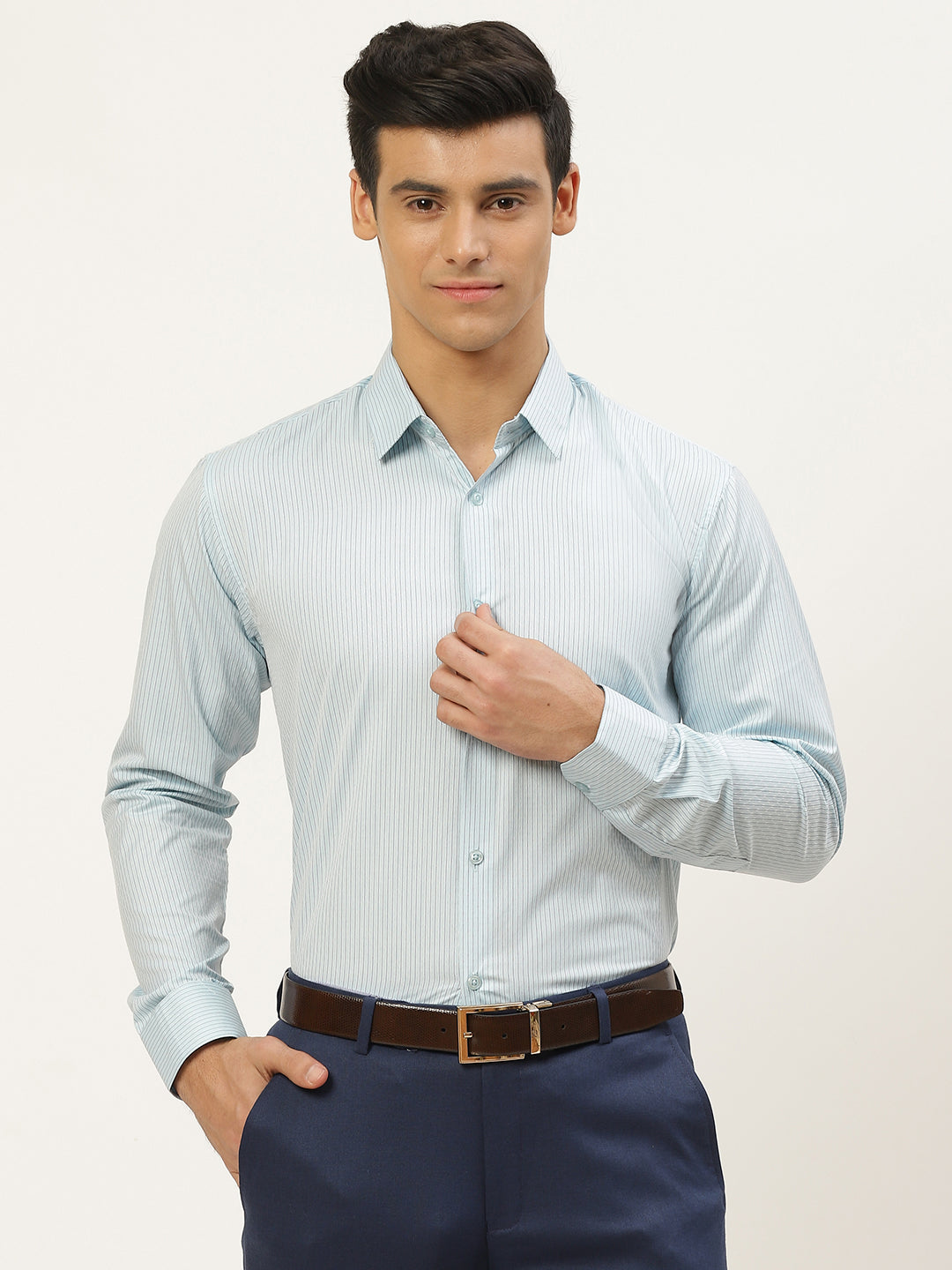 Mens Cotton Sea Green & Navy Blue Striped Formal Shirt - Sojanya