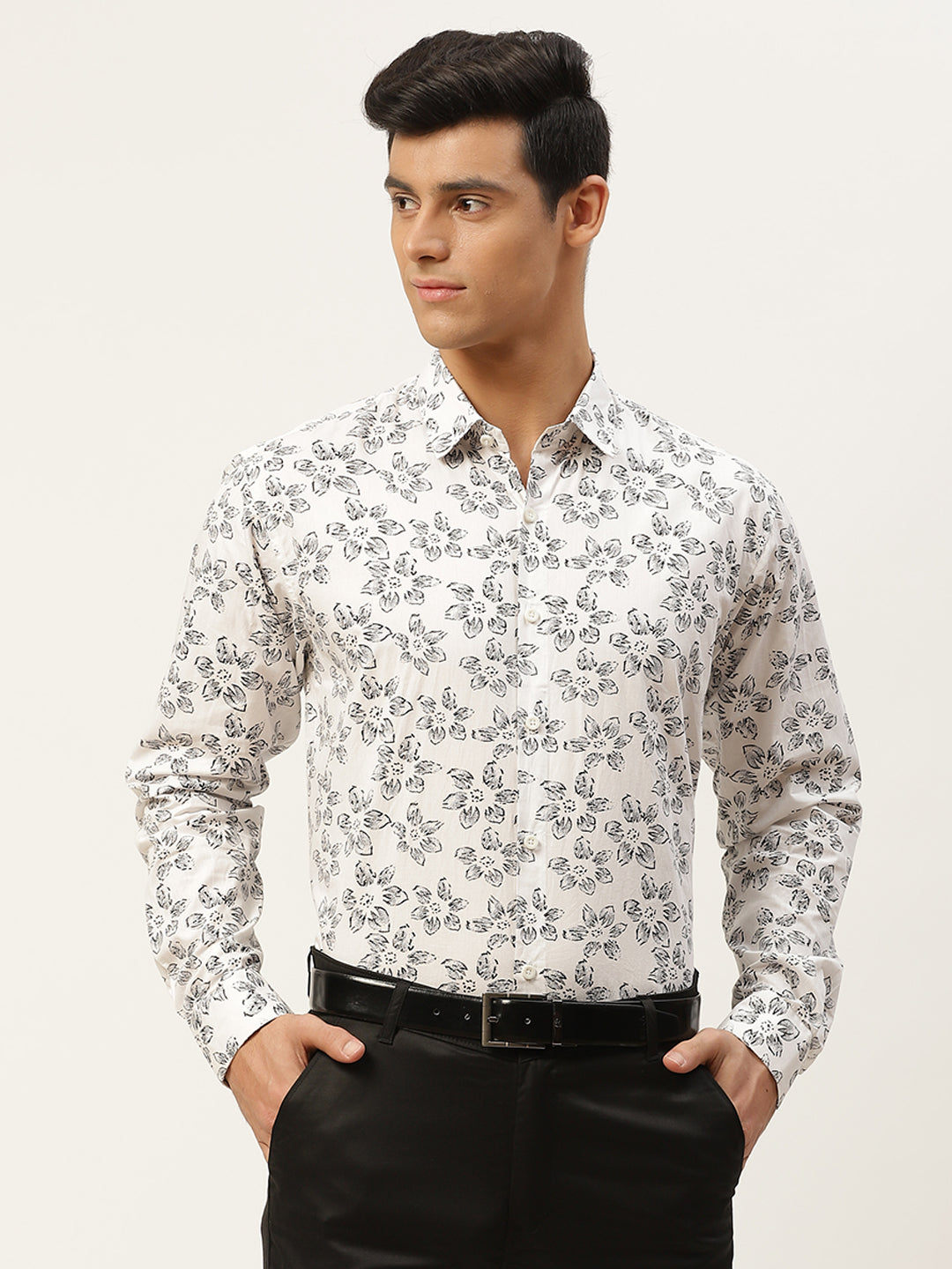 Mens Cotton White & Black Printed Formal Shirt - Sojanya