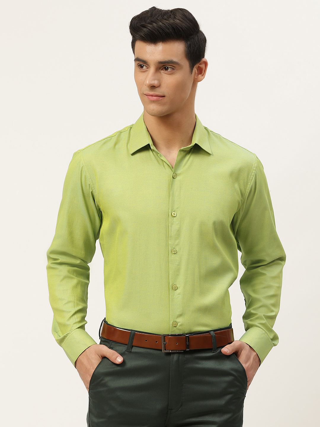 Men's Cotton Green Self Design Classic Formal Shirt - Sojanya