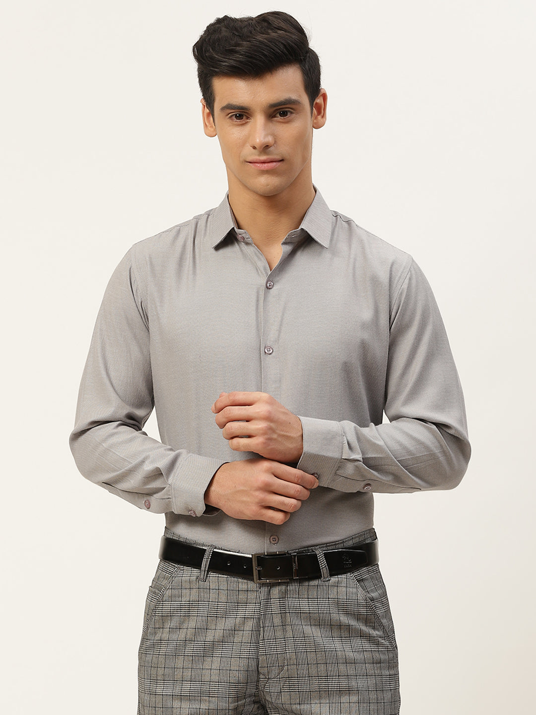 Men's Cotton Grey Self Design Classic Formal Shirt - Sojanya