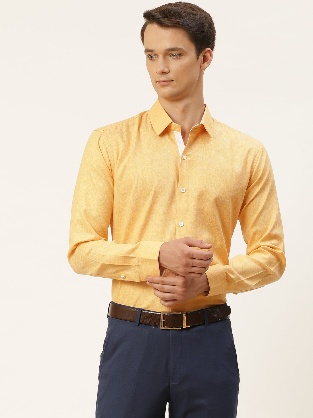 Men's Cotton Linen Dark Yellow Formal Shirt - Sojanya