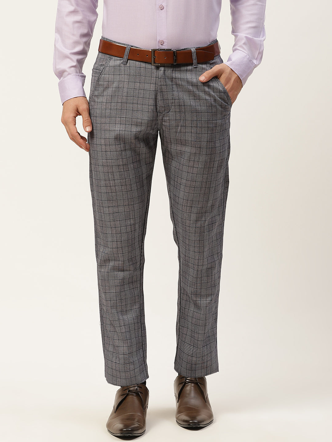 Men's Cotton Blend Navy Blue & Off White Checked Formal Trousers - Sojanya