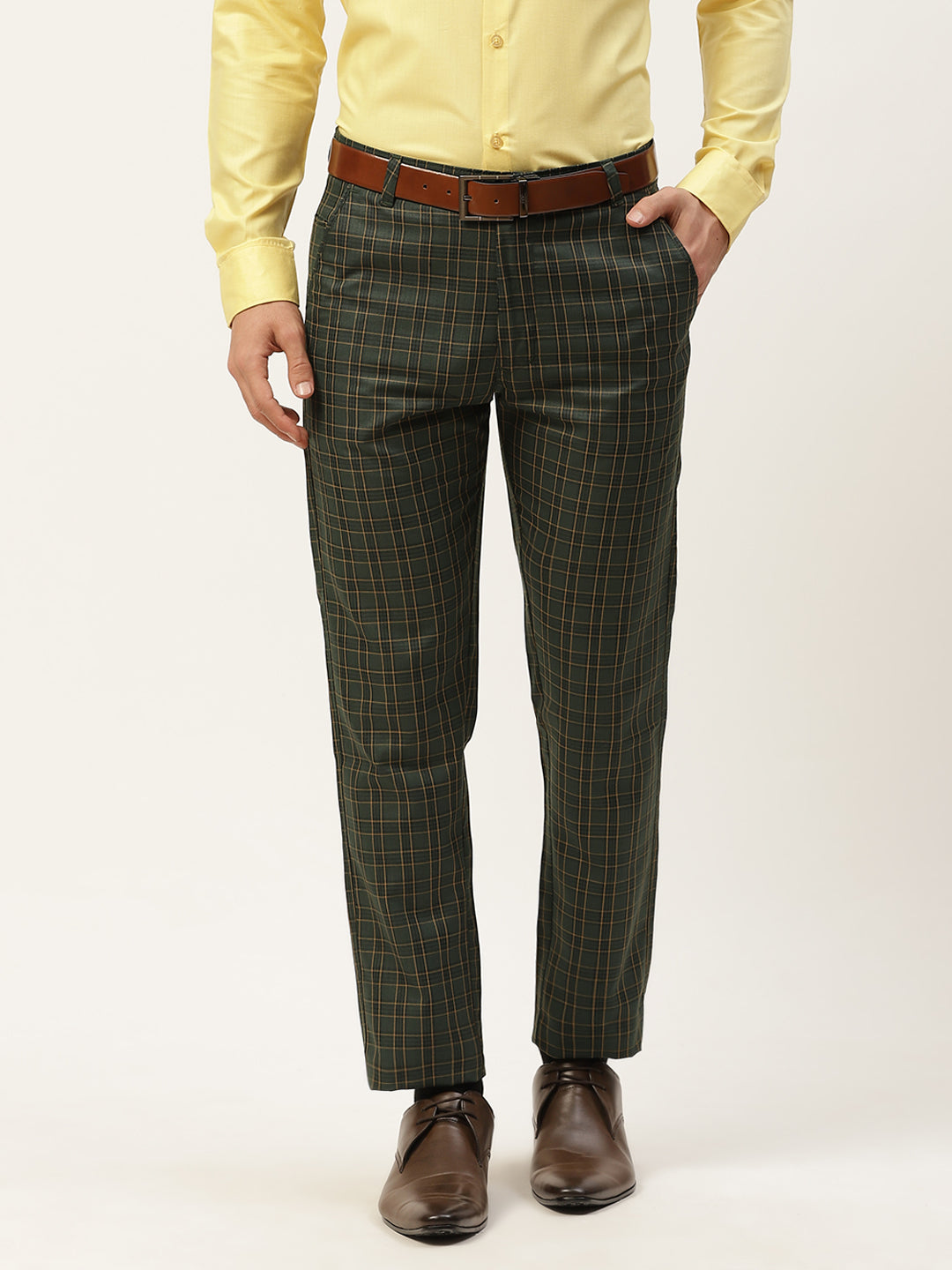 Men's Cotton Blend Dark Green & Yellow Checked Formal Trousers - Sojanya