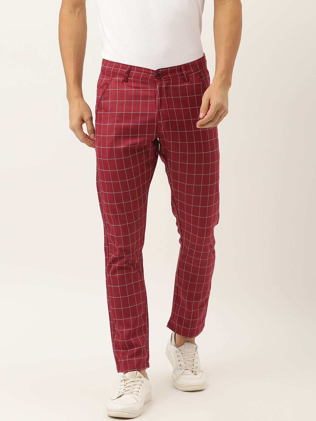 Men's Cotton Blend Maroon & Blue Checked Formal Trousers - Sojanya