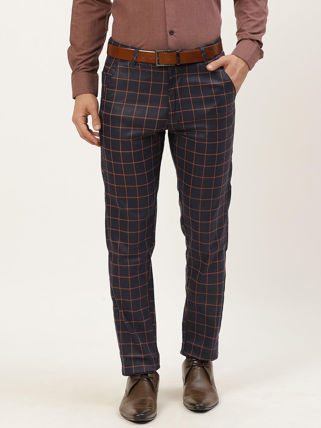 Men's Cotton Blend Navy Blue & Off White Checked Formal Trousers - Sojanya