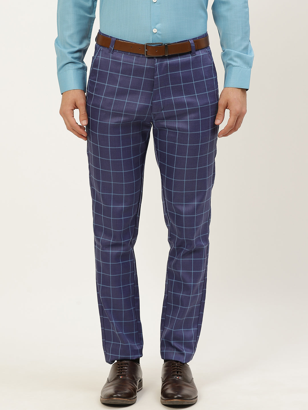 Men's Cotton Blend Royal Blue & Blue Checked Formal Trousers - Sojanya