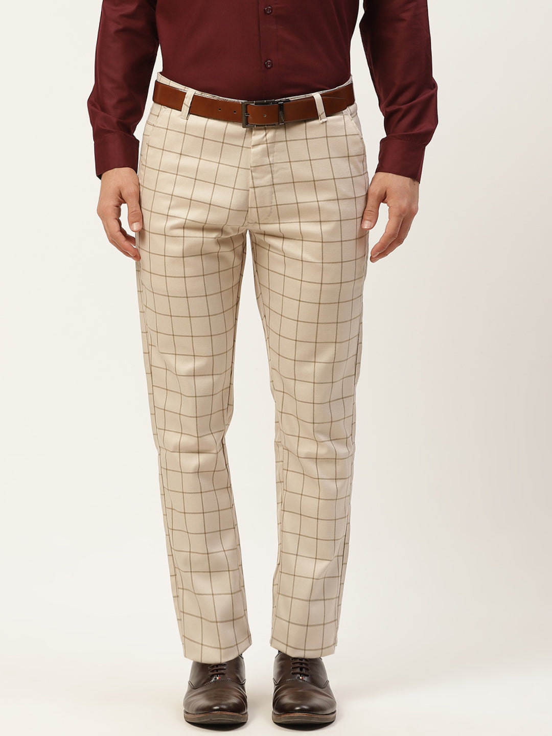 Men's Cotton Blend Light Beige & Green Checked Formal Trousers - Sojanya