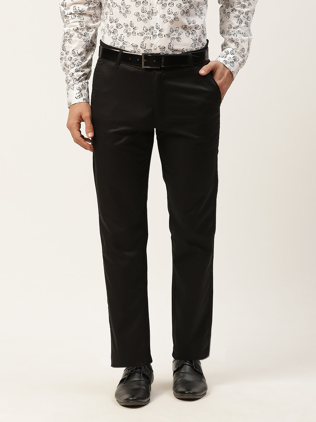 Men's Cotton Blend Black Solid Formal Trousers - Sojanya