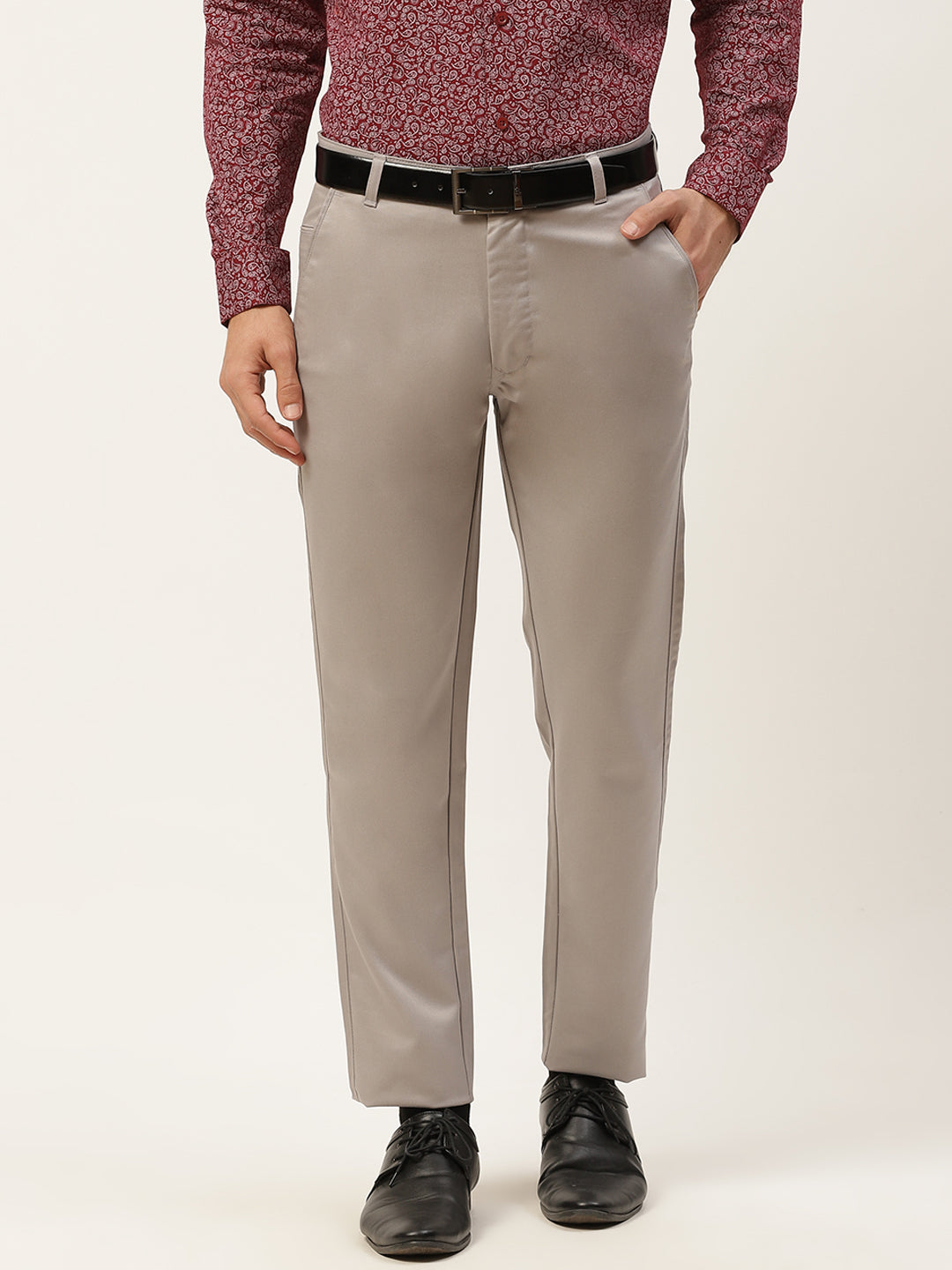 Men's Cotton Blend Grey Solid Formal Trousers - Sojanya