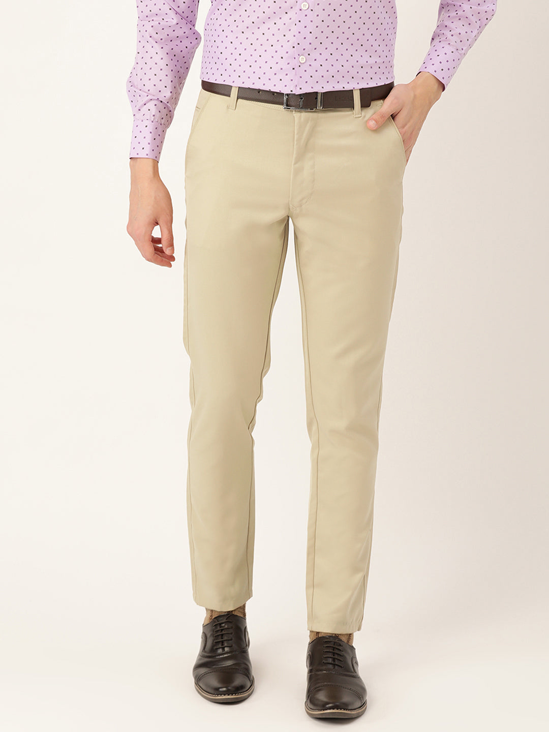 Men's Cotton Blend Khaki Solid Formal Trousers - Sojanya