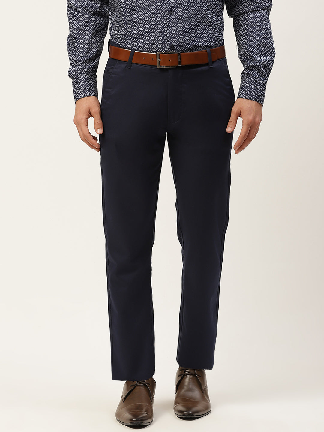 Men's Cotton Blend Navy Blue Solid Formal Trousers - Sojanya