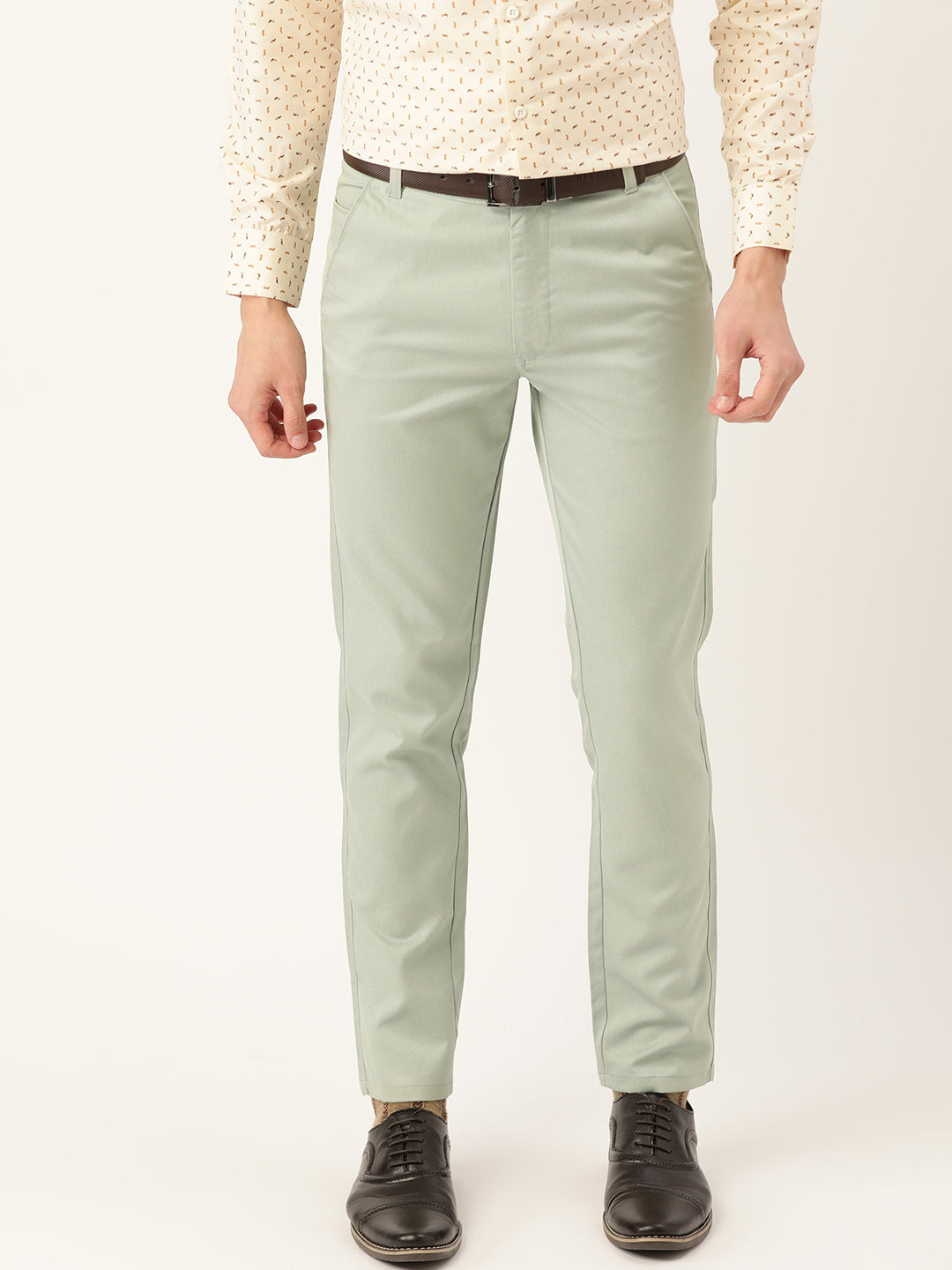 Men's Cotton Blend Pista Green Solid Formal Trousers - Sojanya