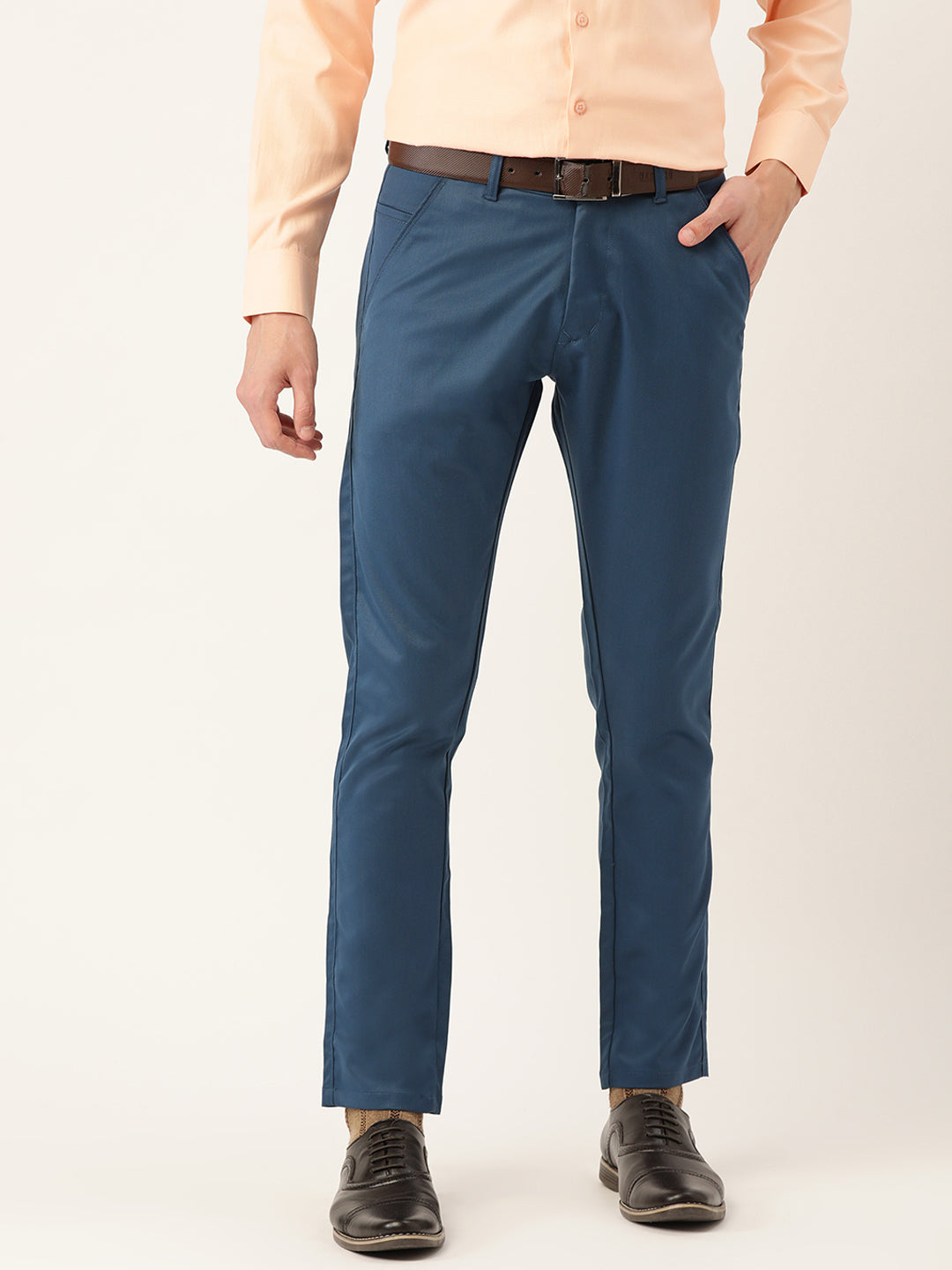 Men's Cotton Blend Teal Blue Solid Formal Trousers - Sojanya