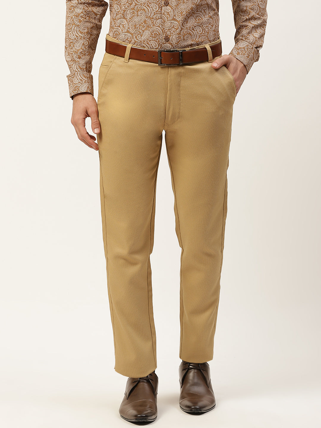 Men's Cotton Blend Khaki Woven Design Formal Trousers - Sojanya