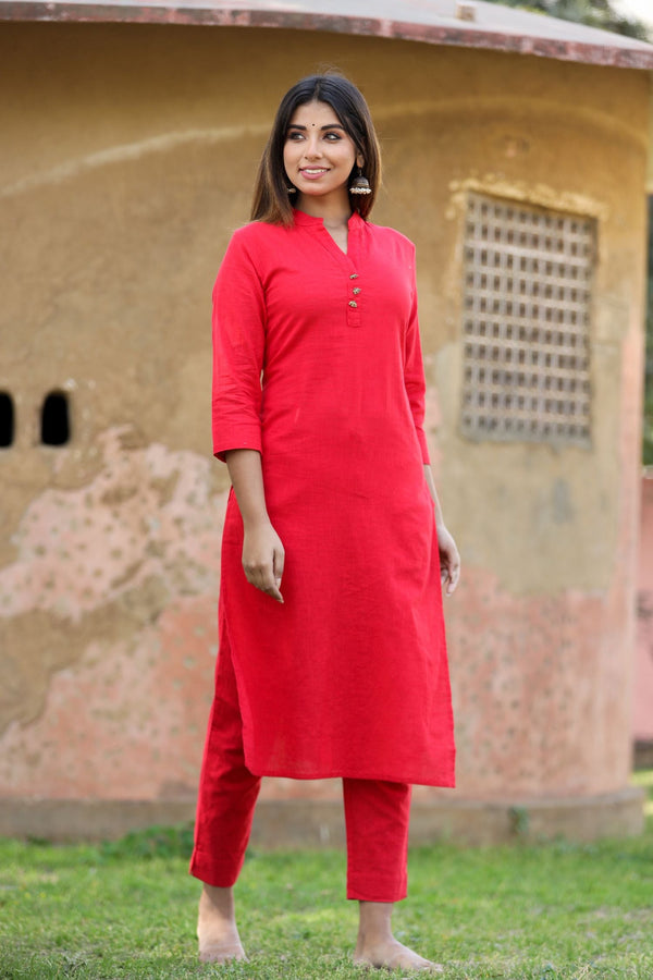 Women's Red Solid Metal Embellishment Kurta - KAAJH