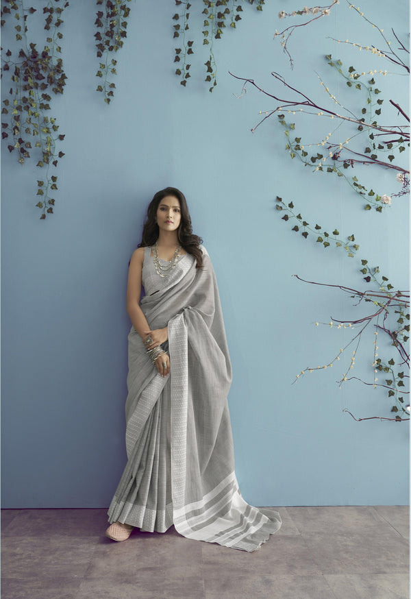 Latest Trendy Soft Linen Saree With Blouse In Grey - Indiakreations