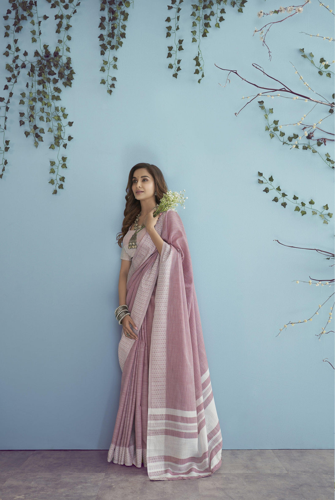Gorgeous Pink Solid Plain Soft Linen Saree With Blouse - Indiakreations
