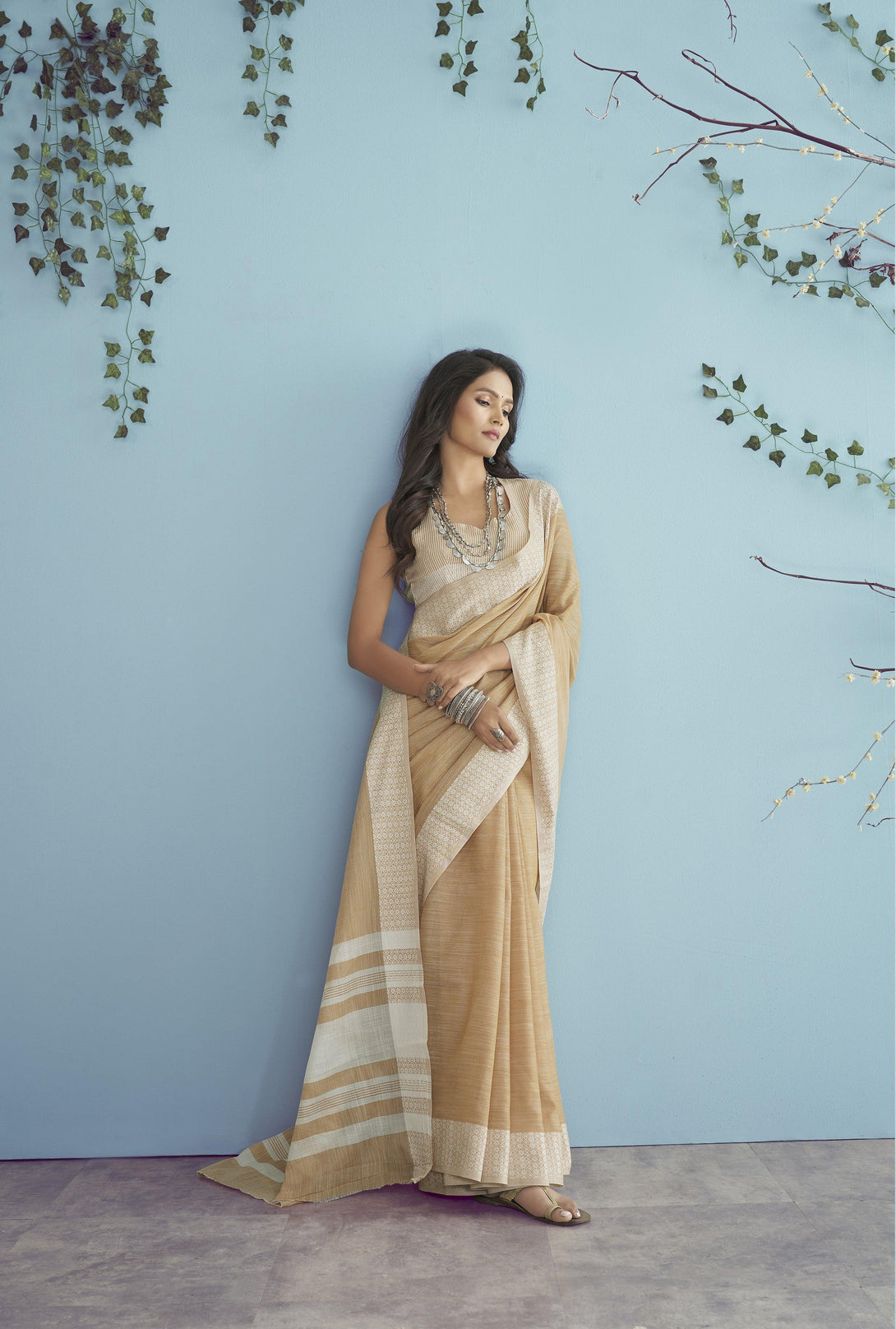 Designer Cream Soft Linen Plain Saree With Matching Blouse - Indiakreations