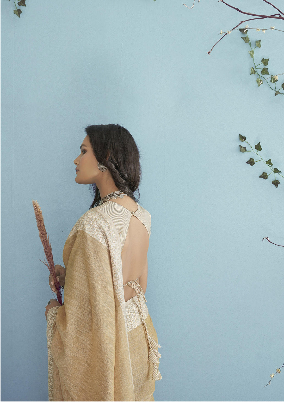 Designer Cream Soft Linen Plain Saree With Matching Blouse - Indiakreations