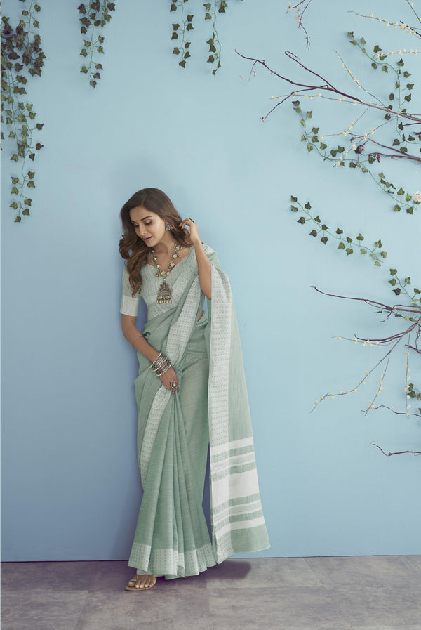 Latest Function Wear Soft Linen Solid Plain Saree In Green - Indiakreations
