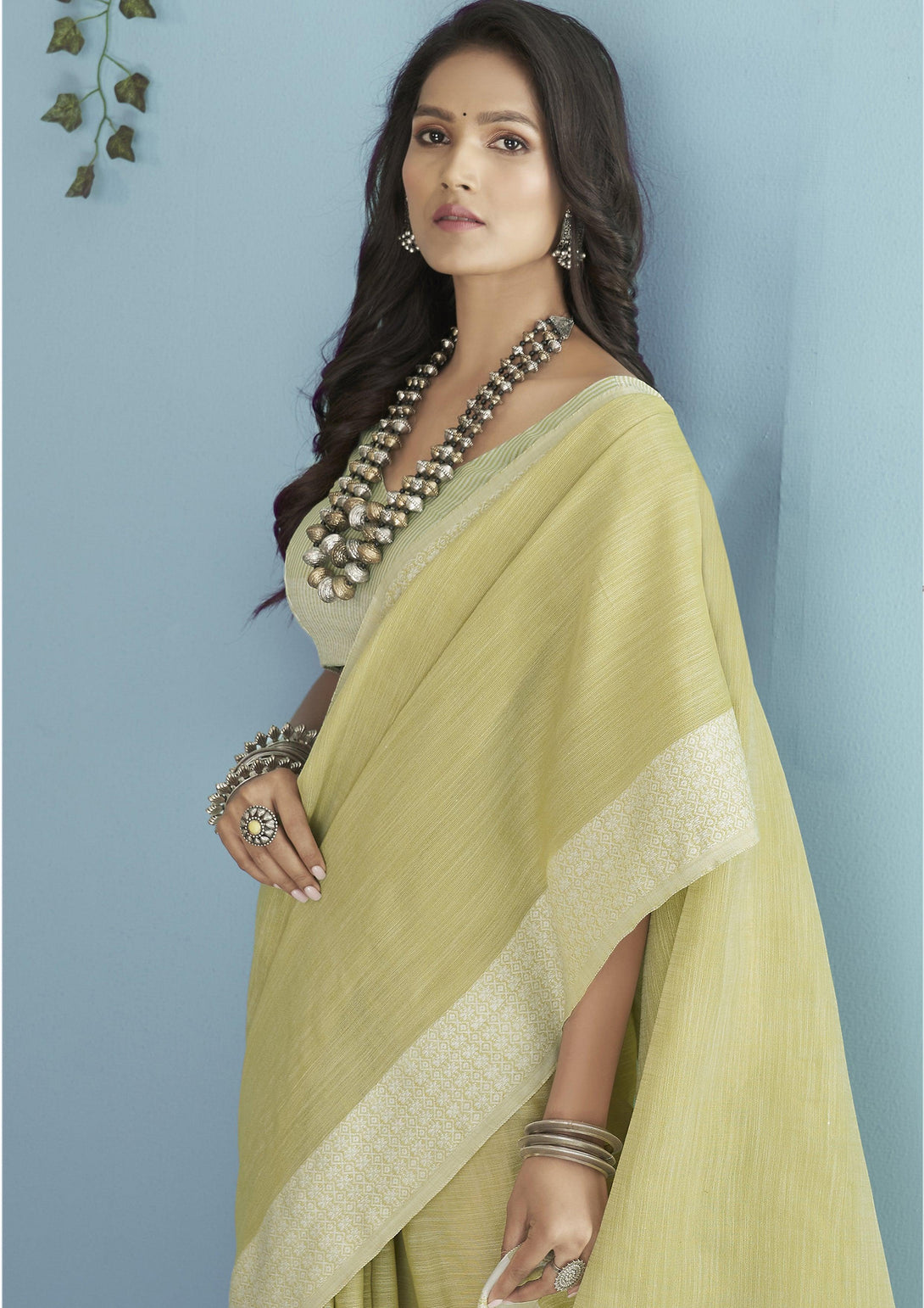 Stylish Yellow Solid Plain Soft Linen Saree With Blouse - Indiakreations