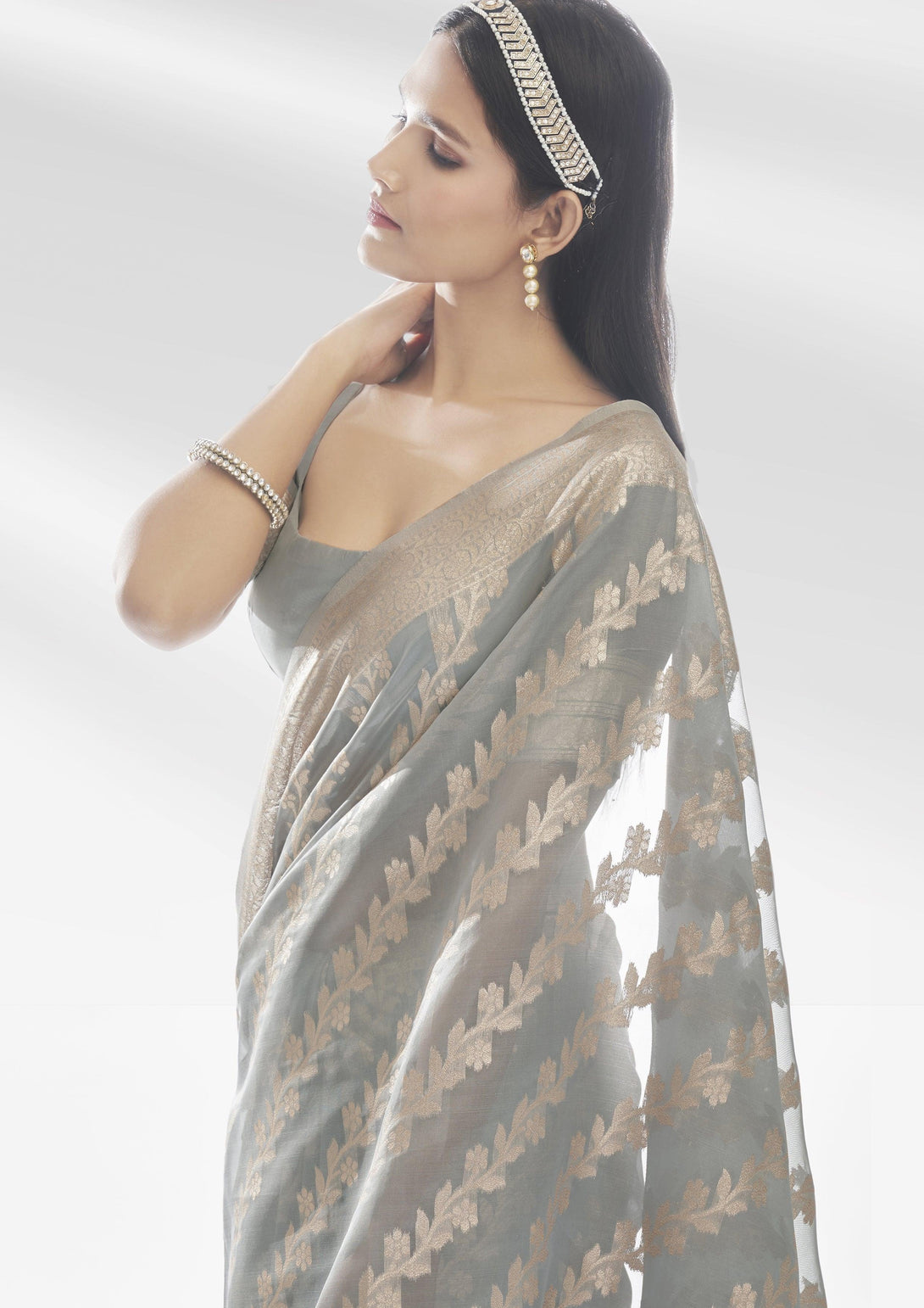 Gorgeous Festival Wear Grey Zari Work Organza Saree - Indiakreations