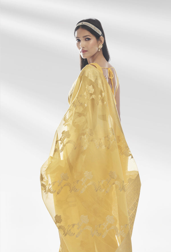 Gorgeous Yellow Zari Work Organza Saree With Blouse. - Indiakreations